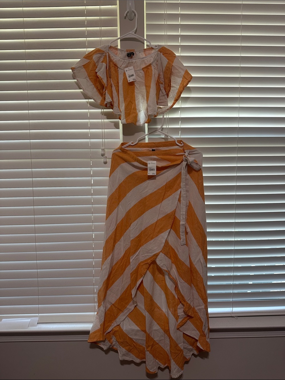 Versona Striped Two-Piece Crop Top & Wrap Skirt Set - White & Mustard